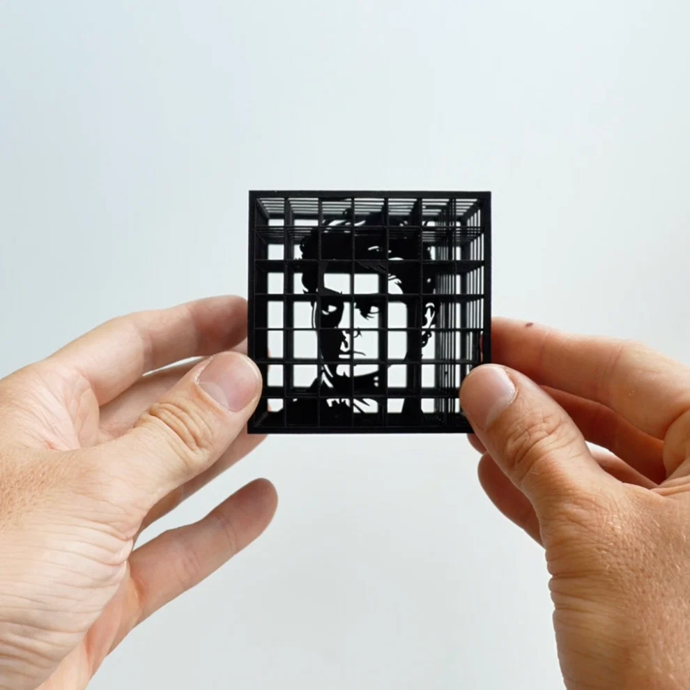Printed illusion cube — face in cage